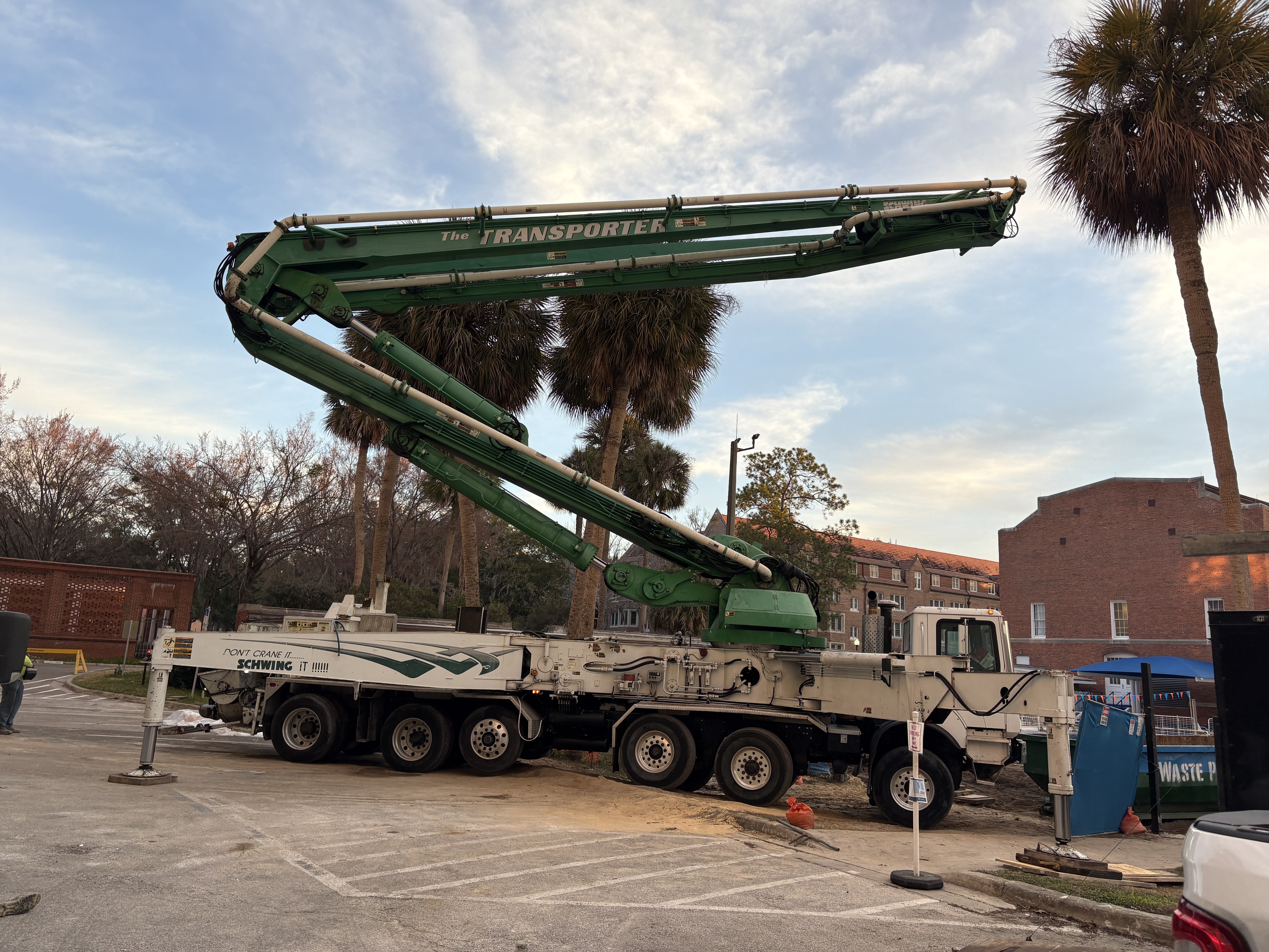 Concrete pump truck staged on site